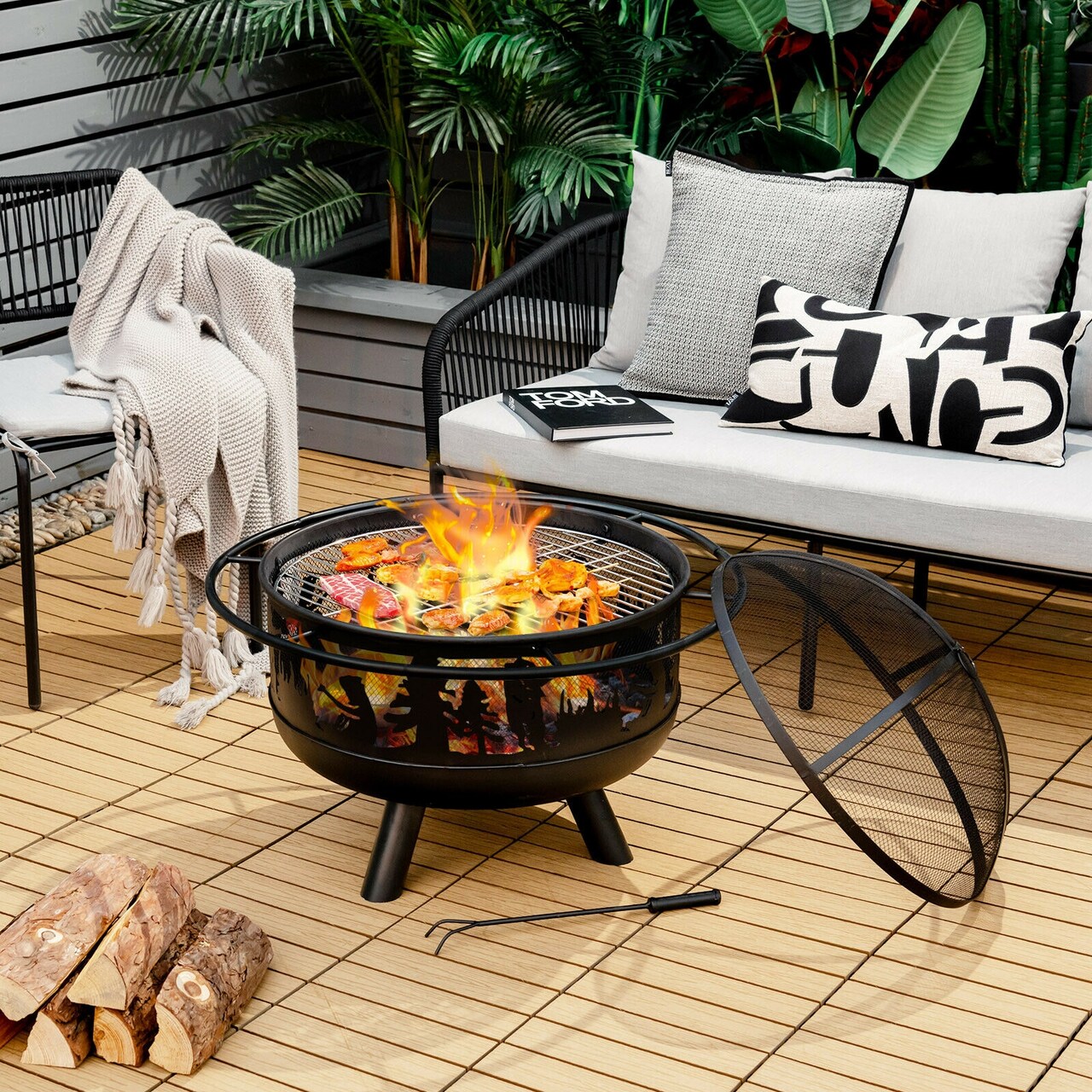 30 Inch Patio Round Fire Pit with Fire Poker Cooking Grill-Black